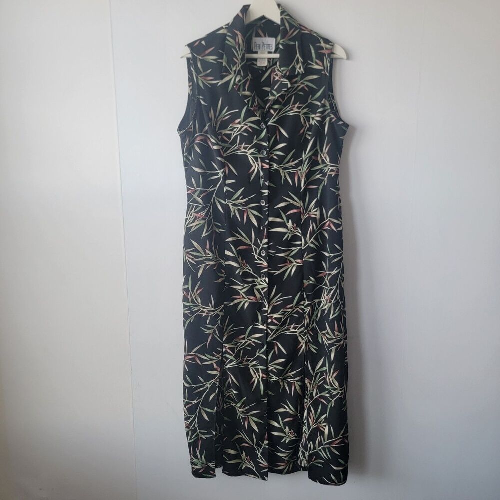 PERI PETITES women's leaf print dress sz 14 maxi sleeveless button front slit